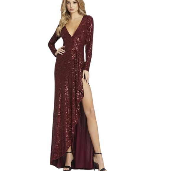Mac Duggal 26395 Deep Red Faux Wrap Sequin Gown | 12 - Picture 1 of 11